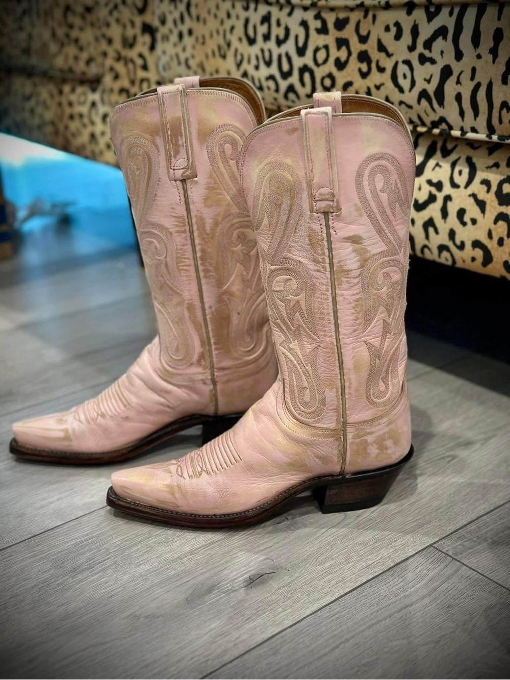 Vintage 1883 Lucchese Distressed Pink Embroidered Western Boots